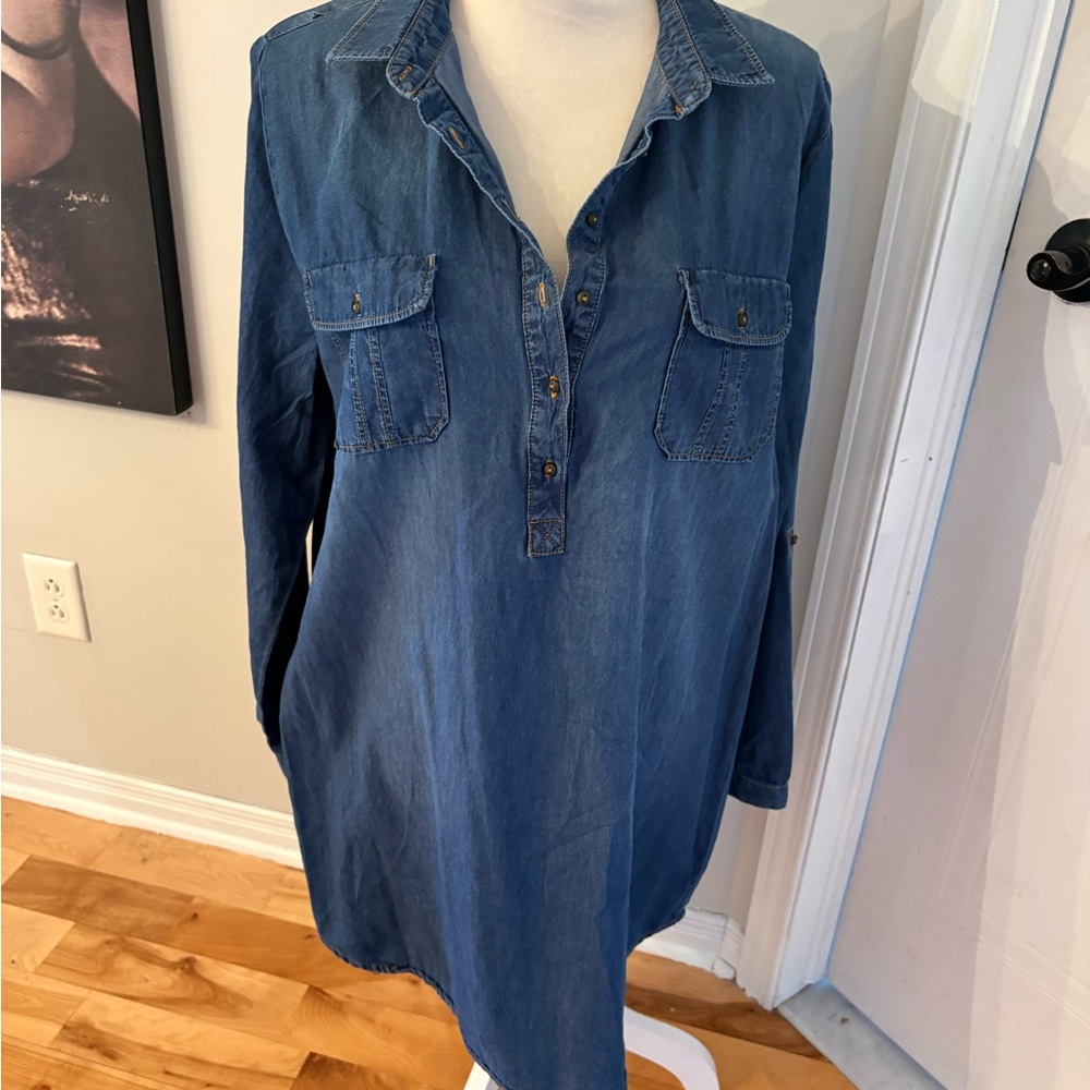 George Denim Shirt Dress in Blue with Contrast Stitching